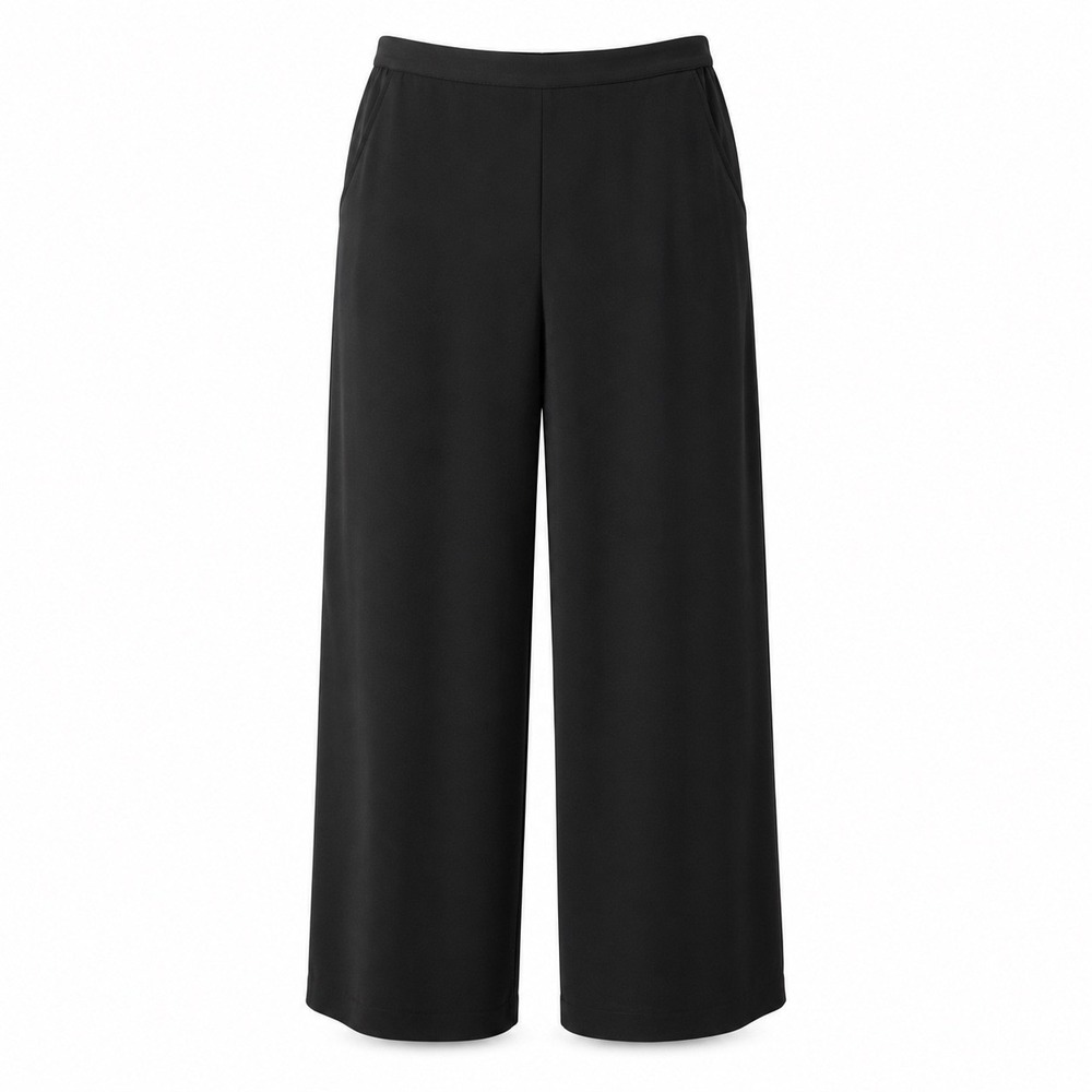 Eileen Fisher 100% Silk Black Wide Leg Cropped Trousers Side Zip Pants Size M - Picture 2 of 13